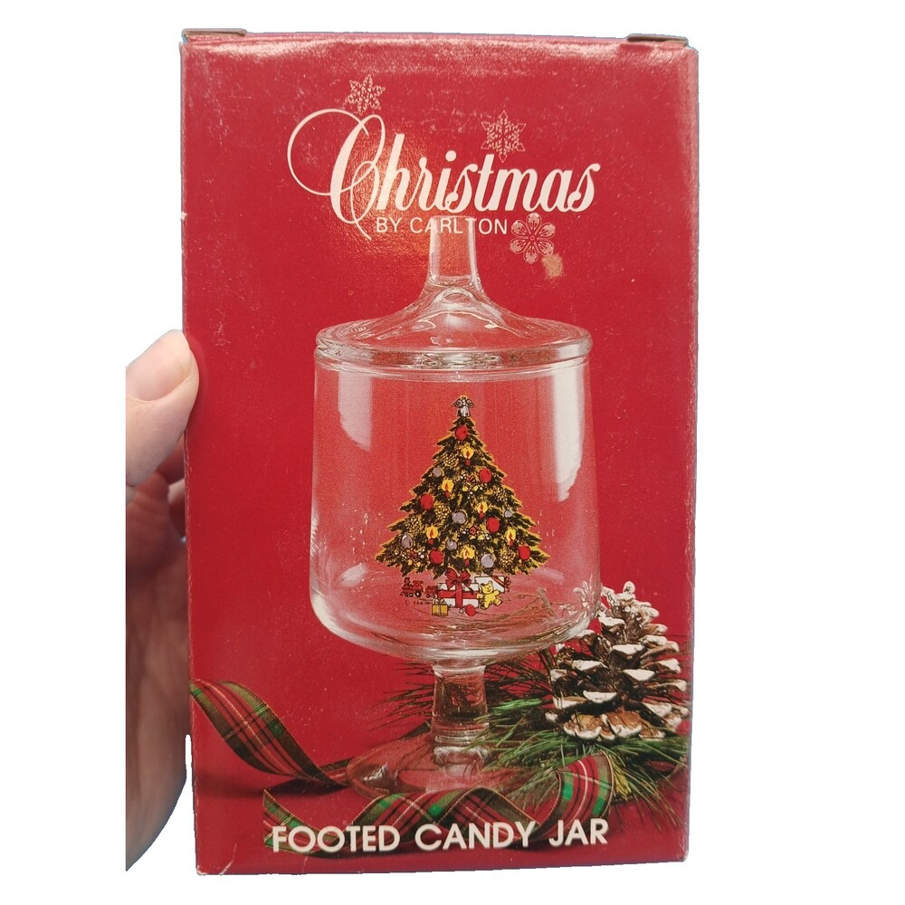 Vintage 1985 Christmas Tree Glass 7.25” Footed Candy Bonbon Jar By Carlton Boxed